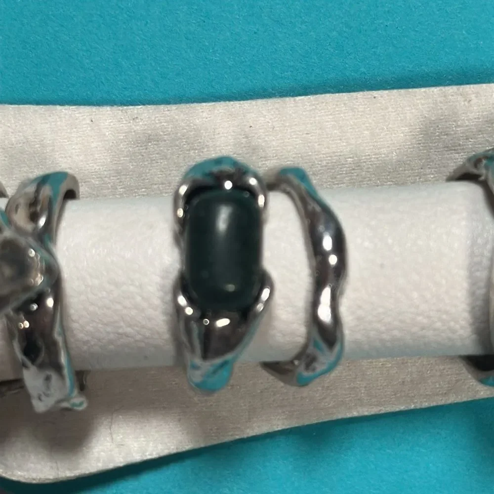 Free People Ring Set Silver Green Stones 7 Rings